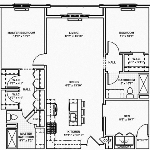 Floor plan for 2 beds, 2 baths, 1220 sqft