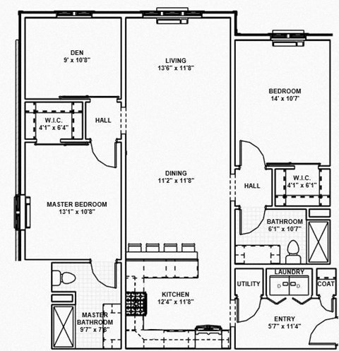 Floor plan for 2 beds, 2 baths, 1255 sqft