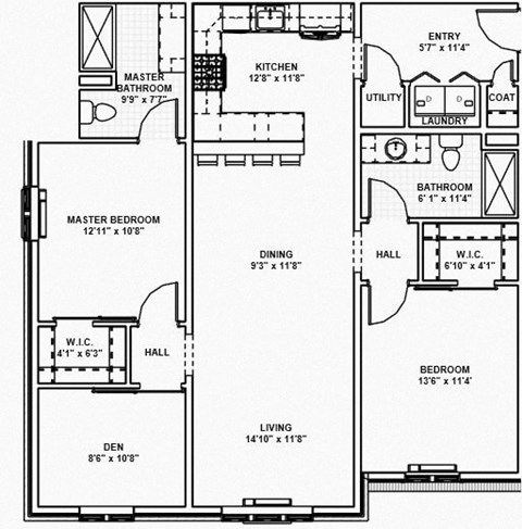 Floor plan for 2 beds, 2 baths, 1255 sqft