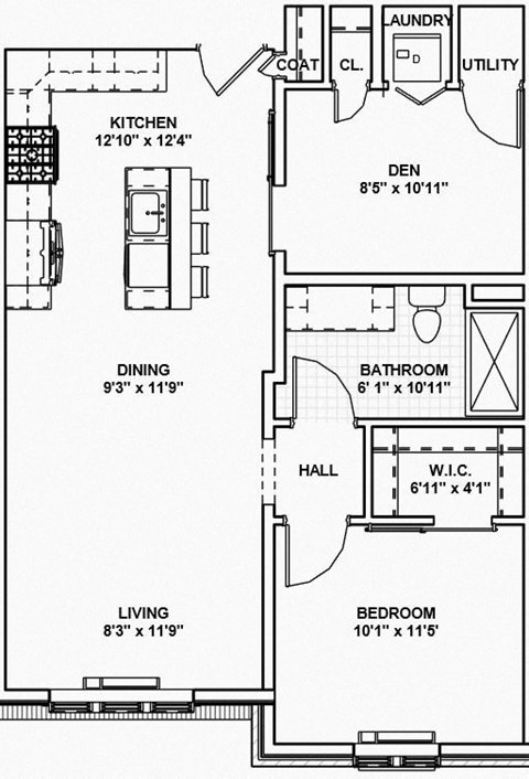 Floor plan for 1 bed, 1 bath, 780 sqft
