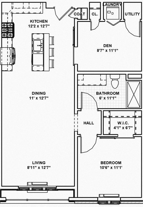 Floor plan for 1 bed, 1 bath, 792 sqft