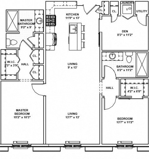 Floor plan for 2 beds, 2 baths, 1205 sqft