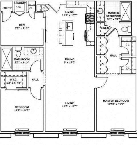 Floor plan for 2 beds, 2 baths, 1205 sqft