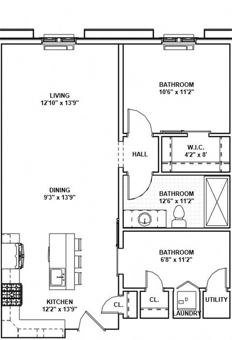 Floor plan for 1 bed, 1 bath, 875 sqft