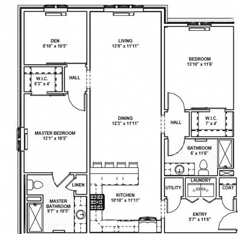 Floor plan for 2 beds, 2 baths, 1264 sqft