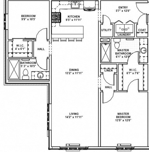 Floor plan for 2 beds, 2 baths, 1118 sqft