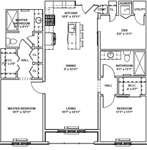 Floor plan for 2 beds, 2 baths, 1163 sqft