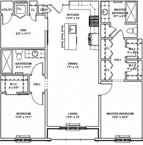 Floor plan for 2 beds, 2 baths, 1163 sqft