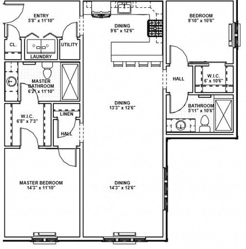 Floor plan for 2 beds, 2 baths, 1118 sqft