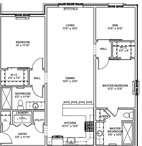 Floor plan for 2 beds, 2 baths, 1264 sqft