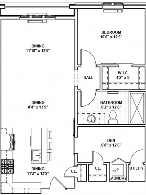 Floor plan for 1 bed, 1 bath, 845 sqft