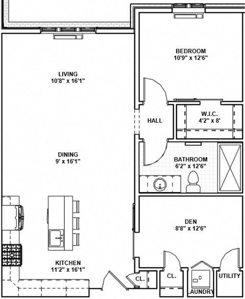 Floor plan for 1 bed, 1 bath, 942 sqft