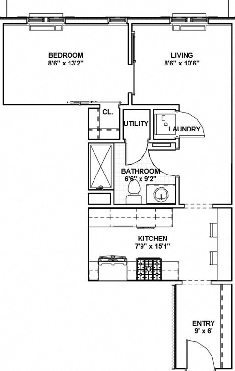 Floor plan for 1 bed, 1 bath, 533 sqft