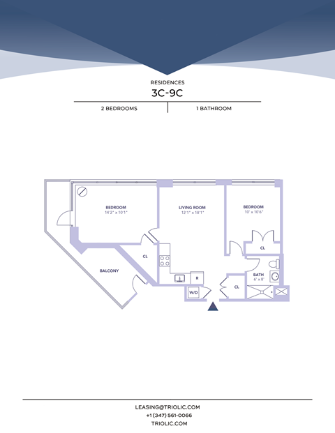 Floor plan for 2 beds, 1 bath, 721 sqft