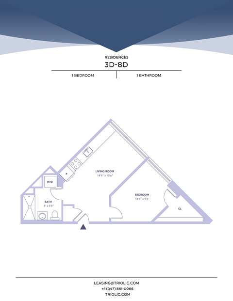 Floor plan for 1 bed, 1 bath, 462 sqft