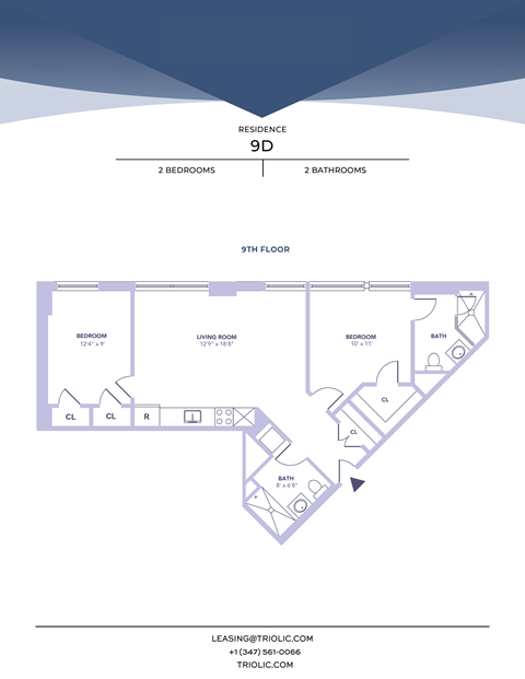 Floor plan for 2 beds, 2 baths, 849 sqft