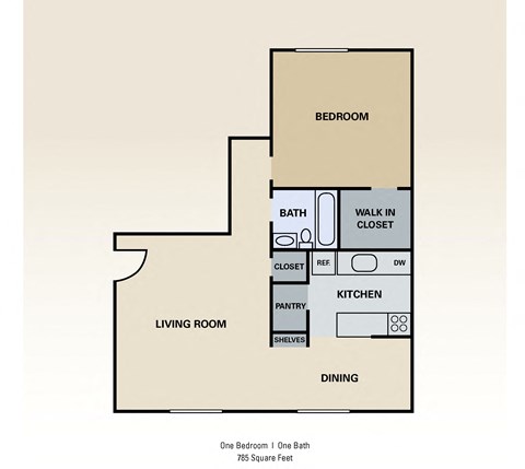 Floor plan for 1 bed, 1 bath, 858 sqft