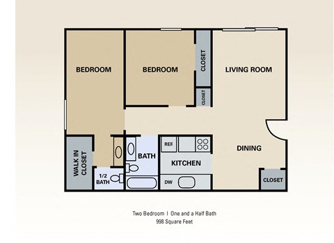Floor plan for 2 beds, 1.5 baths, 998 sqft