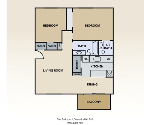 Floor plan for 2 beds, 1.5 baths, 998 sqft