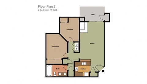 Floor plan for 2 beds, 1 bath, 888 sqft