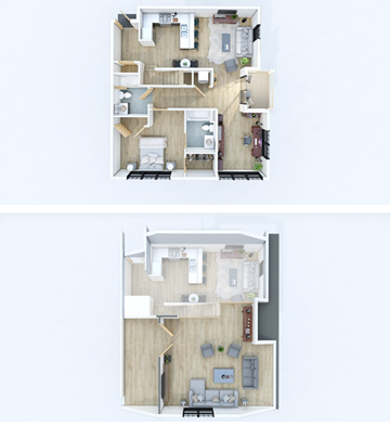 Berlin apartment for rent - A floor plan of a two-story residential building with a living room, kitchen, and bedrooms.