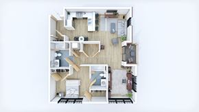 Berlin apartment for rent - A top down view of a small apartment with a kitchen, living room, and bedroom.
