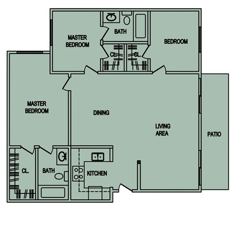 Floor plan for 3 beds, 2 baths, 1091 sqft