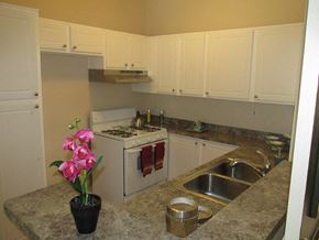 Burbank apartment for rent - a kitchen with white appliances and a vase with pink flowers