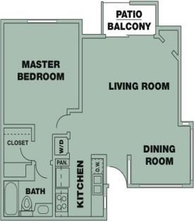 Floor plan for 1 bed, 1 bath, 719 sqft