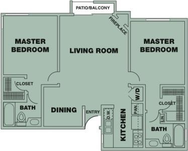 Floor plan for 2 beds, 2 baths, 923 sqft