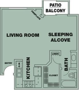 Floor plan for studio, 1 bath, 523 sqft