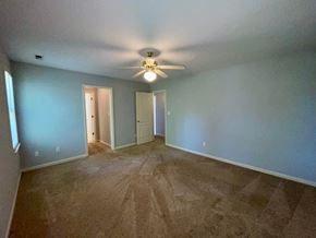 Apex house for rent - a living room with blue walls and a ceiling fan
