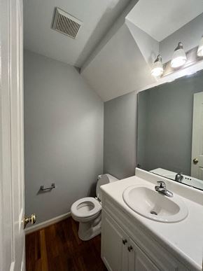 Apex house for rent - a bathroom with a toilet and a sink and a mirror