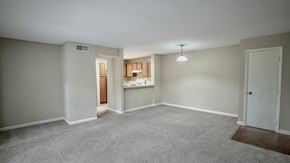 Raleigh apartment for rent - an empty living room with a kitchen in the background