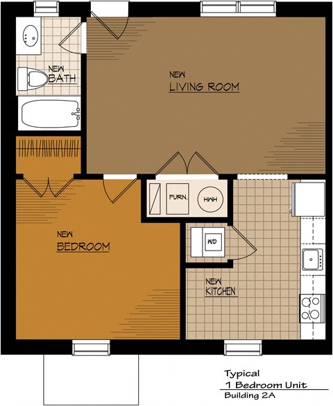 Floor plan for 1 bed, 1 bath, 717 sqft