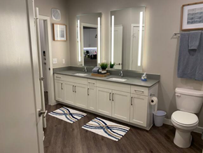 Mckinney house for rent - a bathroom with a toilet and a sink and mirrors