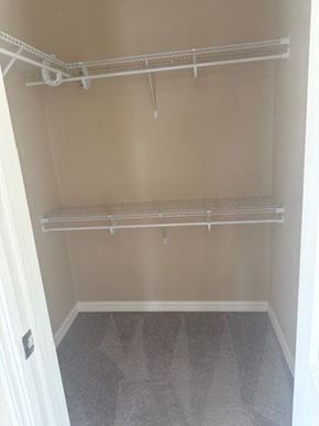 Sarasota house for rent - Empty walk-in closet with white shelves and grey carpet.