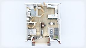 Berlin apartment for rent - A top-down view of a small apartment with a kitchen, living room, and bedroom.