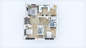 Berlin apartment for rent - A floor plan of a house with a kitchen, living room, and two bedrooms.