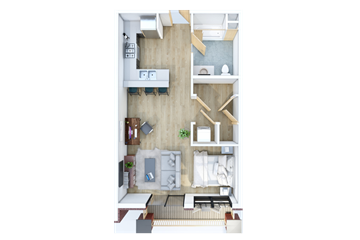 Berlin apartment for rent - A top down view of a small apartment with a kitchen, living room and bedroom.