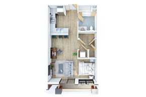 Berlin apartment for rent - A top down view of a small apartment with a kitchen, living room and bedroom.
