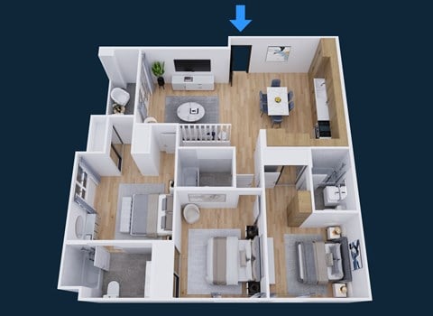 Floor plan for 3 beds, 3 baths, 1352 sqft