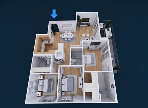 Floor plan for 3 beds, 3 baths, 1360 sqft