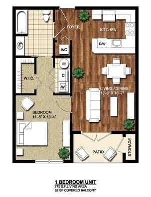 Floor plan for 1 bed, 1 bath, 822 sqft