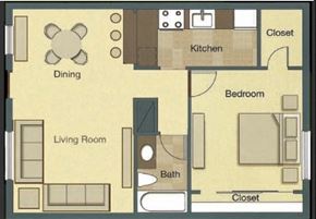 Tampa apartment for rent - A floor plan of a small apartment with a living room, dining area, kitchen, bedroom, bathroom, and closet.