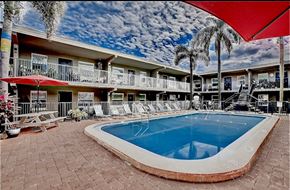 Tampa apartment for rent - A pool surrounded by a red umbrella and chairs.