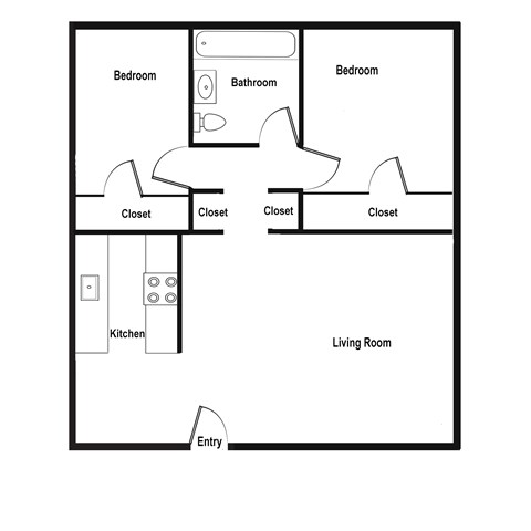 Floor plan for 2 beds, 1 bath