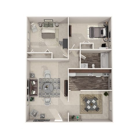 Floor plan for 2 beds, 1 bath, 734 sqft