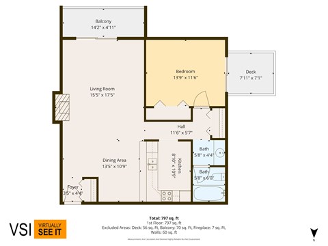Floor plan for 1 bed, 1 bath, 785 sqft