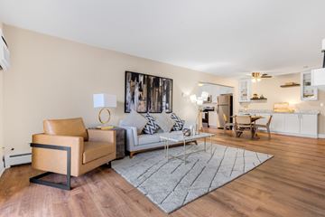 Geneva apartment for rent - A living room with a brown leather chair and a grey rug.